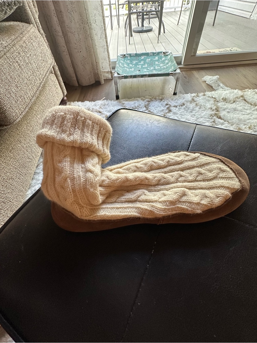 L.L. Bean Cream Cable-Knit Women’s Slipper Socks with Brown Suede Sole - Picture 6 of 6